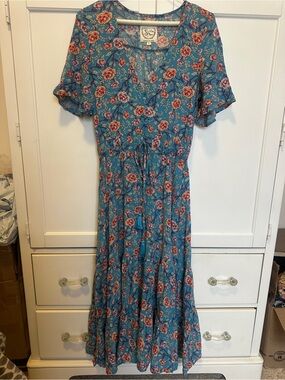 Blue Floral Maxi Dress with Tie Waist by Sunday Mi Amor